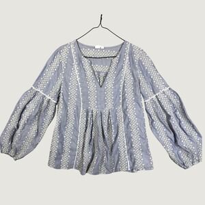 Gap Women Medium Blue Eyelet Embroidered Balloon Sleeve Split Neck Blouse